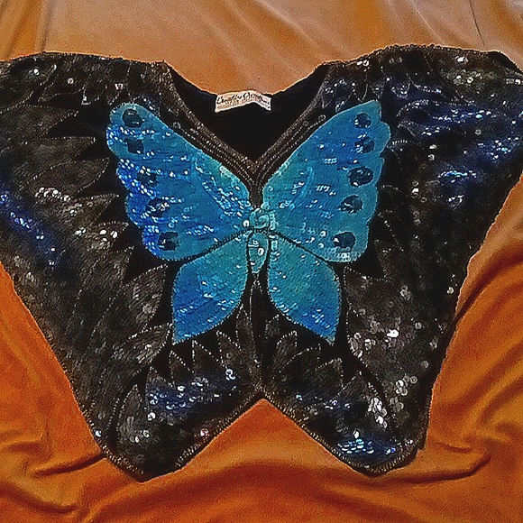 💙Vintage sequin beaded cocktail  butterfly blouse  top, 70's- 80's - Picture 3 of 5